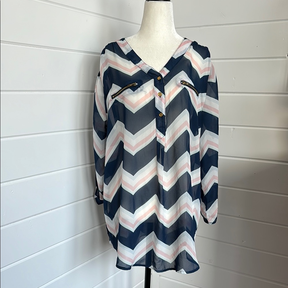 Ardene Chevron Sheer Patterned Tunic Top, Size XL, see note